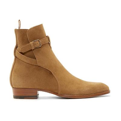 Men's Tan Suede Chelsea Boots with Buckle Strap - Classic Ankle Boots for Casual and Formal Wear