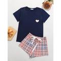 Women's Pajamas Sets Heart Grid / Plaid Fashion Comfort Home Daily Bed Polyester Breathable Crew Neck Short Sleeve T shirt Tee Shorts Elastic Waist Summer Spring Red Navy Blue