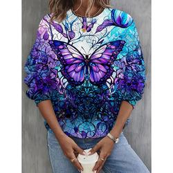 Women's Sweatshirt Pullover Graphic Animal Butterfly Casual Sports Print Black Red Blue Sportswear Funny Round Neck Long Sleeve Micro-elastic Fall Winter