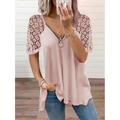 Women's Blouse Shirt Plain Zipper V Neck Basic Lace Tops Light Pink Blue Yellow