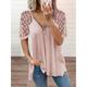 Women's Blouse Shirt Plain Zipper V Neck Basic Lace Tops Light Pink Blue Yellow