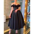 A-Line Prom Black Dress Vintage Dress Masquerade Wedding Party Tea Length Short Sleeve Off Shoulder Fall Wedding Guest Satin with Ruched 2024