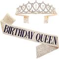 Birthday Crown Birthday Girl Sash Set, Rhinestone Tiaras and Crowns for Women Girls Gold Tiara Birthday Gold Sash Princess Tiaras Queen Crowns for Birthday Party Photoshoot