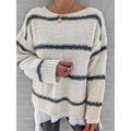 Women's Pullover Sweater Jumper Crew Neck Fuzzy Knit Cotton Blend Oversized Fall Winter Regular Daily Going out Stylish Casual Soft Long Sleeve Striped White / Black Light Blue S M L