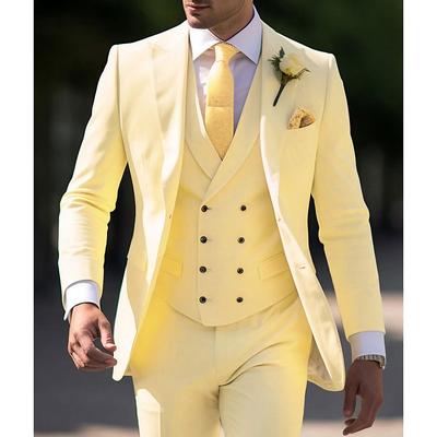 Men's Wedding Suits Light Yellow Brown Solid Colored Slim Fit 3 Piece Single Breasted Two-buttons