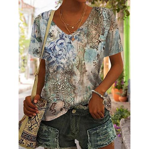 Women's T Shirt Basic Neon Bright Abstract Print Short Sleeve Regular Tops V Neck Daily Weekend Yellow Blue Gold Light Blue