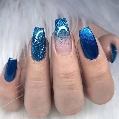 Medium Coffin Press on Nails, Blue Gradient Fake Nails, Glitter Artificial False Nails with Double Side Adhesive Tabs for Women amp; Girls (24pcs)