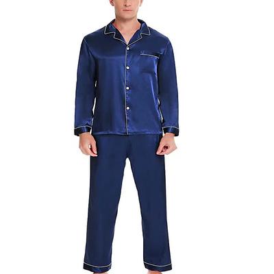 Men's Loungewear Satin Silk Sleepwear Pajama Set 2 Pieces Pure Color Fashion Comfort Soft Home Bed Faux Silk Polyester Comfort Breathable V Wire Long Sleeve Pant Basic Spring Fall Black Champagne