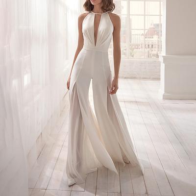 Hall Open Back Casual Wedding Dresses Jumpsuits Halter Neck Sleeveless Floor Length Stretch Fabric Bridal Gowns With / Solid Color 2025