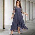 A-Line Plus Size Curve Mother of the Bride Dresses Elegant Dress Formal Wedding Guest Asymmetrical 3/4 Length Sleeve Jewel Neck Chiffon with Pleats Ruched Appliques 2024