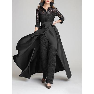 Jumpsuit / Pantsuit Mother of the Bride Formal Wedding Guest Vintage Party Shirt Collar Floor Length Satin Lace 3/4 Length Sleeve with Ruching 2025 free custom size