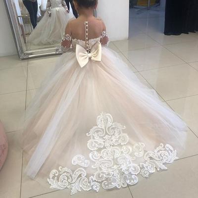 Kids Girls' Flower Girl Dress Party Dress Solid Color Long Sleeve Performance Wedding Party Mesh Princess Sweet Mesh Mid-Calf Sheath Dress Tulle Dress Summer Spring Fall 2-12 Years 4-12 Years White