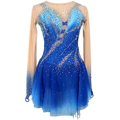 Figure Skating Dress Women's Girls' Ice Skating Dress Outfits BlueLight Blue Patchwork Asymmetric Hem Mesh Spandex High Elasticity Competition Skating Wear Handmade Crystal / Rhinestone Long Sleeve