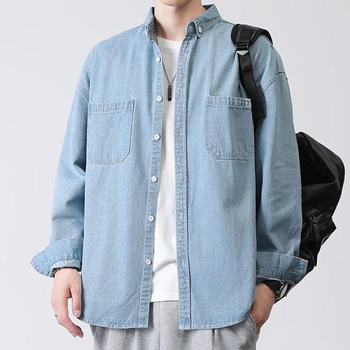 Men's Shirt Jacket Overshirt Denim Shirt Plain Outdoor Daily Black Blue Dark Blue Long Sleeve Lapel Spring Fall Clothing Apparel Pocket