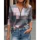 Women's T shirt Tee Plaid Daily Weekend Print Quarter Zip Black Long Sleeve Fashion Round Neck Spring Fall