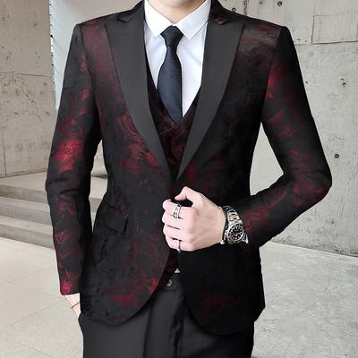 Men's Wedding Prom Tuxedos Black Red Printing Standard Fit 3 Piece Single Breasted One-button