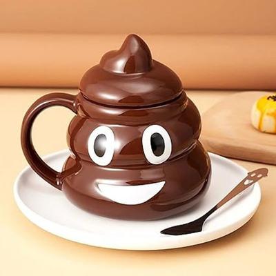 Funny Poop Ceramic Mug Cartoon Smile Coffee Milk Mug Porcelain Water Cup with Handgrip Lid Tea Cup Office Drinkware