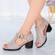 Women's Open-Toe Chunky Heel Sandals - Elegant Black Faux Leather Shoes with Decorative Buckle for Summer Parties or Formal Occasions