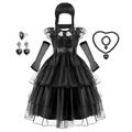 Girls Wednesday Addams Addams Family Dress Wig Accessories Cosplay Outfit Punk Gothic Ruffle Trim Layered Hem Mesh Dress Costume Dress Up Birthday Party Performance Necklace Ear Clip Fishnet Gloves