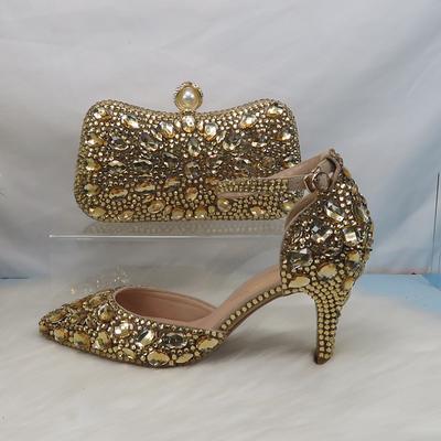 Women's Multicolor Rhinestone Wedding High Heel Shoes with Matching Clutch Bag