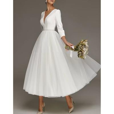 TS Reception Vintage 1940s / 1950s Little White Dresses Wedding Dresses A-Line V Neck 3/4 Length Sleeve Tea Length Satin Bridal Gowns With Solid Color 2025