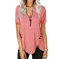 Women's Casual Short-Sleeved Top V-Neck Zipper Solid Color Button T-shirt Blouse