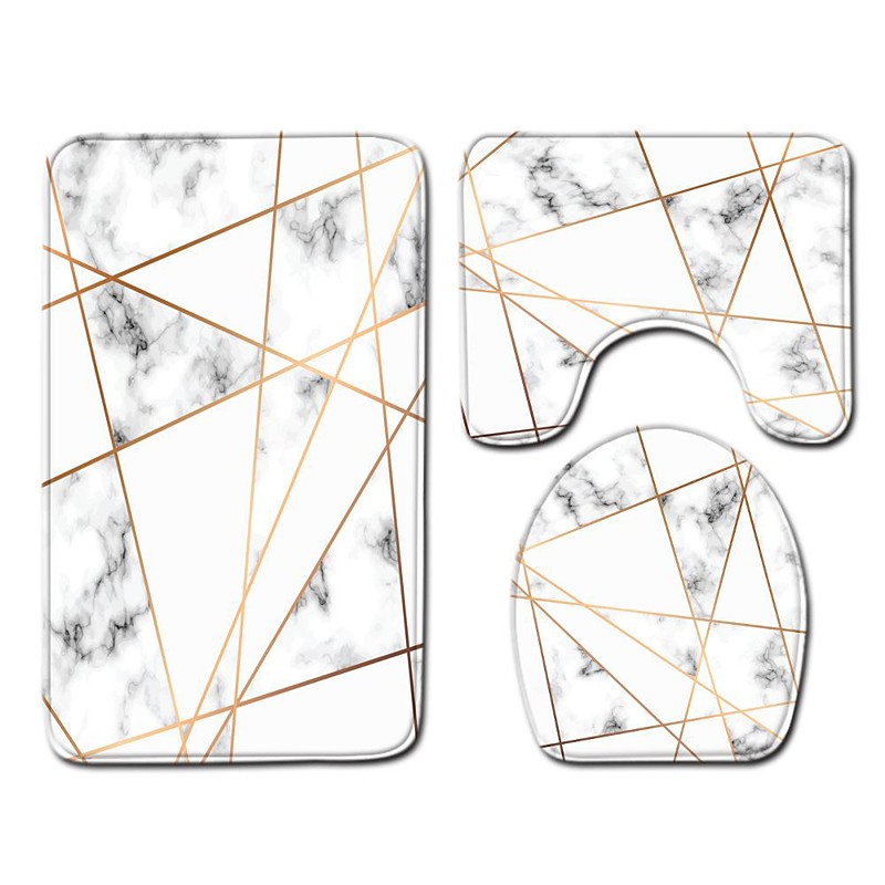 Set of 3 Pieces Bath Mat Non-slip Bathroom Rug, U Shaped Contour Rug Toilet lid Cover, Marble Texture Bath mat, Non Slip Soft Absorbent Polyester Carpet
