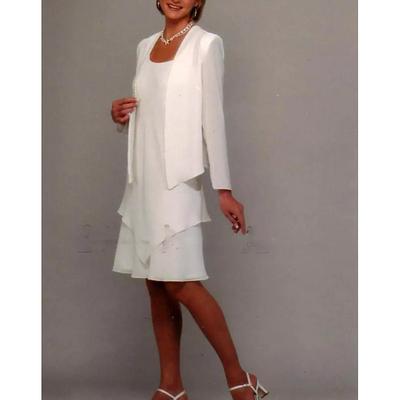 TS Sheath Mother of the Bride Dress Wedding Guest Elegant Jewel Neck Knee Length Chiffon Long Sleeve Wrap Included with Ruffles 2025 free custom size