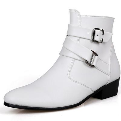 Men's White Buckle Ankle Boots - Sleek and Stylish Faux Leather Shoes for Formal Events, Parties, and Cosplay