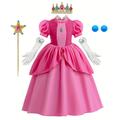 Super Mario Bros Princess Peach Dress Gloves Crown Girls' Movie Cosplay Pattern Dress Cosplay Costume Pink Outfit Pink Children's Day Masquerade Dress Accessory Set