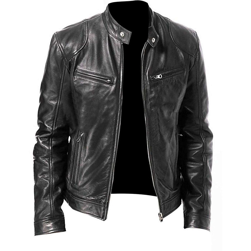 Men's Faux Leather Jacket Transition Jacket Jacket Biker Jacket Daily Wear to work Thermal Warm Rain Waterproof Fall Solid Color Stand Collar Regular Black Brown Jacket