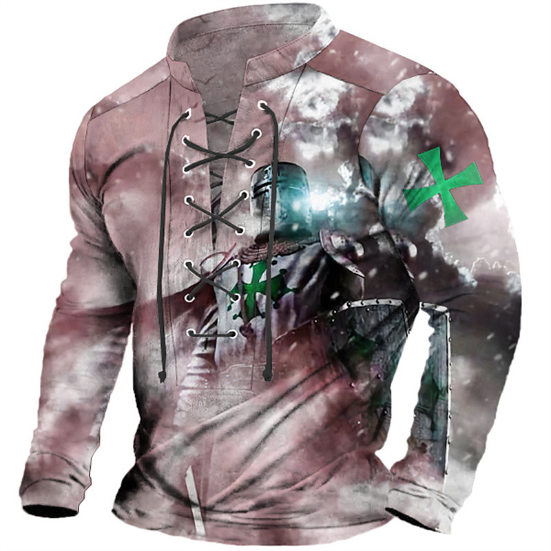 Knights Of Malta Mens Graphic Shirt Templar Prints Fashion Designer Casual Henley Tee Outdoor Daily Wear Vacation Light Green Burgundy Blue Cross Lace Up Pink Cotton