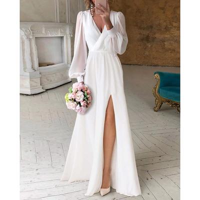 Beach Wedding Reception Little White Dresses Wedding Dresses A-Line V Neck Long Sleeve Floor Length Chiffon Bridal Gowns With Ruched 2025