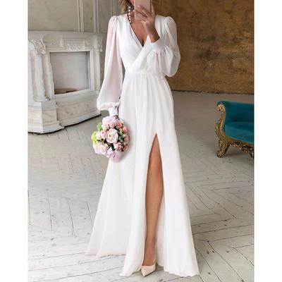 TS Beach Wedding Reception Little White Dresses Wedding Dresses A-Line V Neck Long Sleeve Floor Length Chiffon Bridal Gowns With Ruched 2025