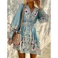 Women's Casual Dress A Line Dress Floral Print With Belt V Neck Mini Dress Bohemia Ethnic Street Holiday Long Sleeve Loose Fit Blue Purple Green Summer Spring S M L XL