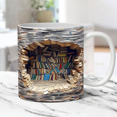 3D Bookshelf Mug, Ceramic Mug,Library Bookshelves Hole In A Wall Mug,Book Lovers Coffee Mug, Cool Bookish Gifts for Readers Christmas Xmas Gift