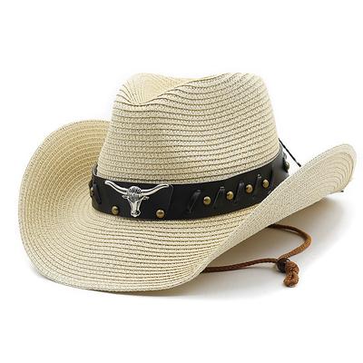 Women's Cowboy Hats Ethnic Style Straw Panama Hat Belt Cow Decorate Western Hats