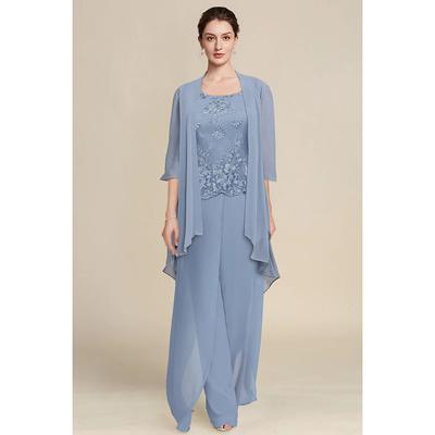 Two Piece Jumpsuit / Pantsuit Mother of the Bride Formal Wedding Guest Elegant Wrap Included Scoop Neck Floor Length Chiffon Lace Half Sleeve with Appliques 2025 free custom size