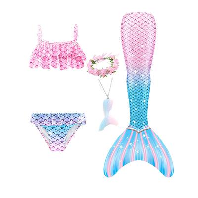 Kids Girls' Five Piece Mermaid Swimwear Swimwear Bikini Beach Swimming Rainbow Tie Dye Cute Bathing Suits 3-10 Years Summer Light Blue Colorful