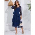 Women's Lace Dress Party Dress Cocktail Dress Lace Ruffle Crew Neck Long Sleeve Midi Dress Vacation Wine Navy Blue Spring Winter