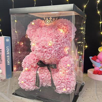 Rose Bear Artificial Foam Flowers with LED Light Plastic Gift Box- Perfect Romantic Gift for Valentine's Day, Mother's Day, Anniversary, Wedding, Birthday, Thanksgiving, and Christmas 25cm/10inch