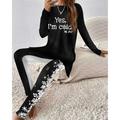 Women's T shirt Tee Pants Sets Graphic Letter Casual Festival Black White Print Long Sleeve Sports Christmas Round Neck Regular Fit Spring Fall