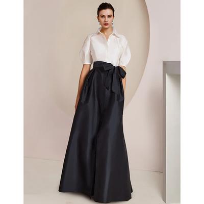 TS A-Line Mother of the Bride Dress Formal Wedding Guest Elegant Party Shirt Collar Floor Length Taffeta Short Sleeve with Bow(s) Color Block 2025