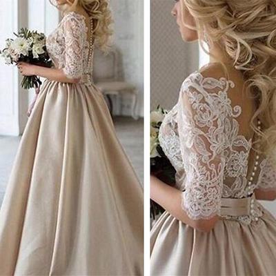 TS Hall Formal Wedding Dresses A-Line Illusion Neck Half Sleeve Court Train Satin Bridal Gowns With Buttons Appliques 2025