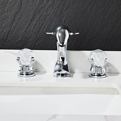 Dolphin Shape Bathroom Sink Faucet, Widespread Crystal Accents Two Handles Three Holes Bath Mixer Taps for Sink, Hot and Cold Water Hoses Included