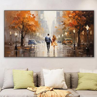 Handpainted Romantic Couple Holding Hands Together Painting Handmade Textured Colorful Landscape Canvas Oil painting Wall Decor (No Frame)