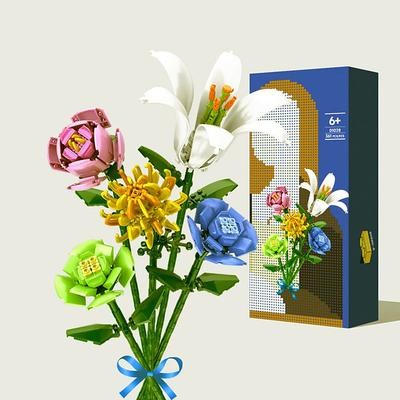 Women's Day Gifts Flower Rose Bouquet Building Kit with Cover Display Box Diy Flower Botanical Collection Building Blocks Bricks Desk Home Mother's Day Gifts for MoM