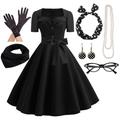 Women's A-Line Rockabilly Dress Polka Dots Swing Dress Flare Dress with Accessories Set 1950s 60s Retro Vintage with Headband Chiffon Scarf Earrings Cat Eye Glasses Pearl Necklace Gloves 7PCS