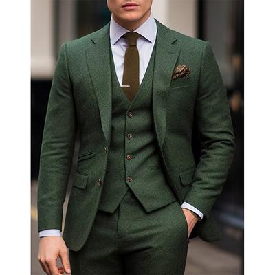 Green Men's Wedding Tweed Suits Solid Colored 3 Piece Retro Vintage Plus Size Single Breasted Two-buttons