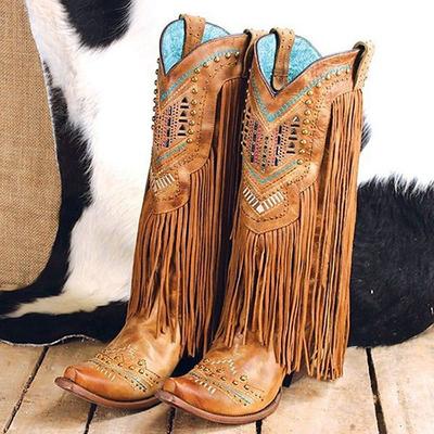 Tassel 1970s Shoes Western Boot Square Toe Hippie Cowboy Women's Masquerade Party / Evening Shoes